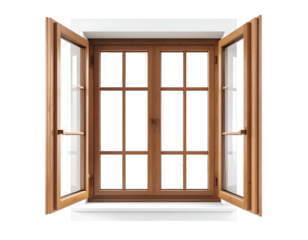 Open wooden window with multiple panes, centered, isolated on a dark background