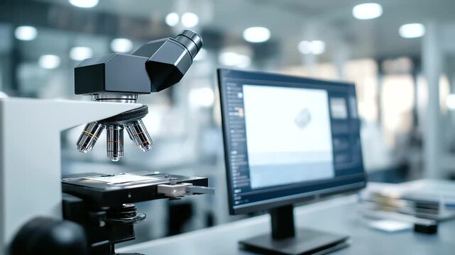 Atomic force microscopes probe surfaces in a nanotechnology lab with cantilevers scanning screens showing topography samples mounted on stages and vibration isolators damping