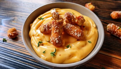 Everything Pretzel Bites Scattering On Top Of Cheese Sauce For Appetizer Dipping