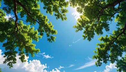 Looking Up at Green Tree Canopy with Bright Sunlight and Blue Sky with Clouds Summer Day Tranquil Scene in Nature with Warm Colors