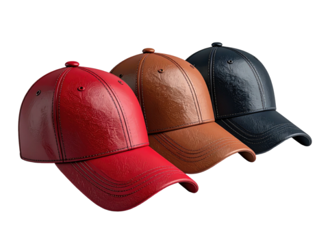 Three colorful baseball caps, leather-like finish, arranged on a black background