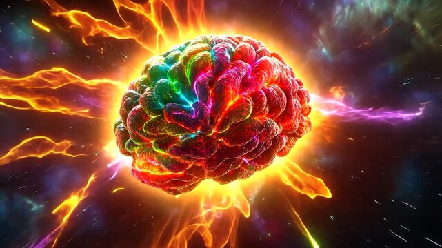 Colorful brain exploding in vibrant space