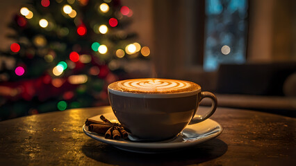 christmas coffee in warm hot room winters holidays, cup of coffee on the table, cup of coffee with beans, cup of coffee