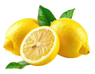 Bright yellow lemons, one sliced, with green leaves against a black background