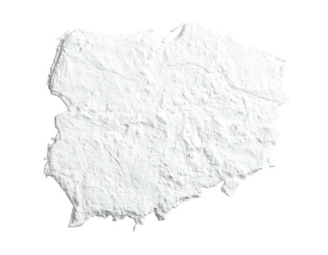 Abstract, topographic map of a landmass with rough, textured white surface