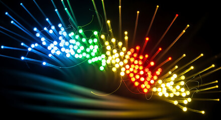 Colorful Fiber Optic Cables with Glowing Red, Blue, Green, and Yellow Light – High-Speed Data Transmission Visual Technology, 4K image 