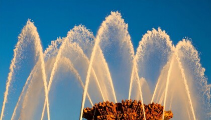 Water arcs gracefully from a fountain against a clear blue sky