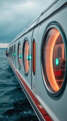 Colorful circular windows illuminate a sleek boat as it glides through still waters at dusk, surrounded by a tranquil atmosphere and overcast sky, evoking serenity and adventure.