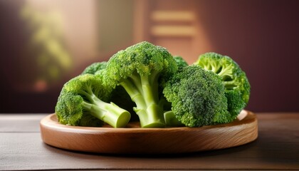 Fresh Green Broccoli On Wooden Plate