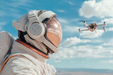 An astronaut stands in an expansive desert, gazing curiously at a small drone hovering nearby. The sky is filled with fluffy white clouds, creating a surreal atmosphere.