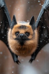 A fluffy bat soars gracefully amid snowflakes, showcasing its charming features. The serene winter landscape enhances its whimsical presence, creating a captivating moment in nature.