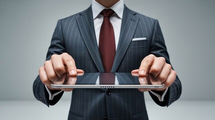 Businessman in a suit holding a tablet computer and touching the screen with his fingers