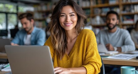 three diverse office workers sit in front of laptops. one woman with long dark hair wears a yellow blazer and jeans, sitting at a desk and typing on a laptop keyboard