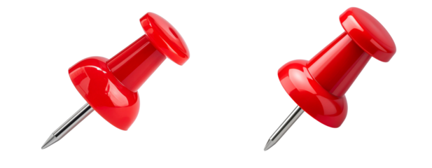 Set of Tilted Red Pushpin Lying Flat with Needle Facing Forward, Side Angle, Isolated PNG