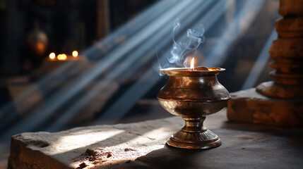 Sunlight pours into the temple, illuminating an oil lamp as fragrant smoke rises, creating a serene scene, under soft natural light, showcasing warm glow and smoky texture, serene 