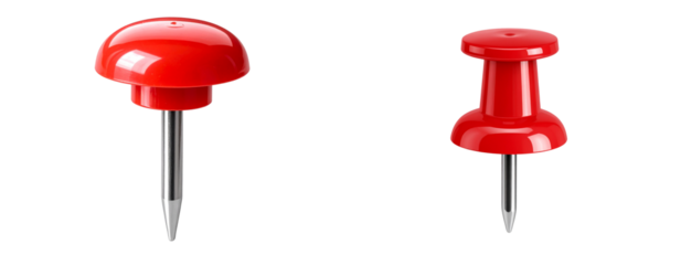  Set of Classic Red Pushpin Upright with Metallic Needle Tip, Front View, Isolated on Transparent Background