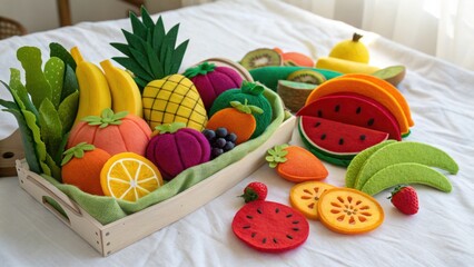 Felt fruit and vegetables arrangement in a wooden basket