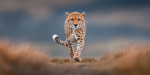 A stunning cheetah moves confidently through the tall grass of the savannah, illuminated by the soft light of sunset. Its keen gaze captures the essence of a majestic predator in its natural habitat.
