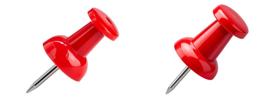 Set of  Tilted Red Pushpin Lying Flat with Needle Facing Forward, Side Angle, Isolated PNG