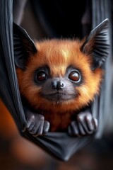 A small, fluffy creature with large expressive eyes peek out from the folds of fabric in a soft, warm atmosphere. The surroundings cast a magical glow that enhances its adorable features.