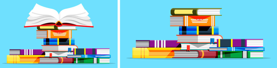 Stack of colorful education book with an open teaching book. Learning and knowledge concept for school, library, or university.