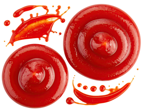 Close-up of a red condiment, with a swirl and a splash against a black background