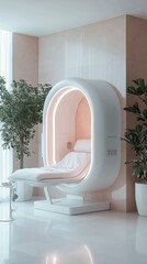 A stylish relaxation pod, surrounded by lush plants, invites tranquility in a minimalistic indoor space. Soft lighting creates a peaceful atmosphere ideal for unwinding.