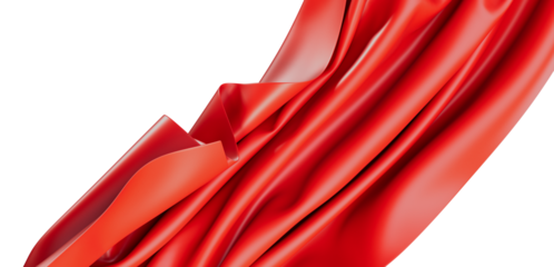 Close-up shot of elegant red fabric draped in soft folds against a clean white backdrop. Perfect for design and texture concepts.