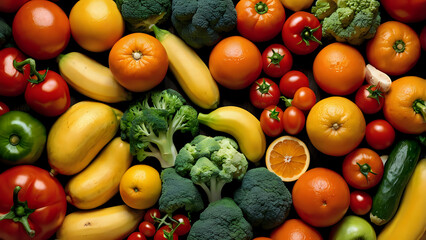 Colorful assortment of fresh fruits and vegetables including oranges, tomatoes, peppers, bananas, broccoli, and carrots arranged in a vibrant display