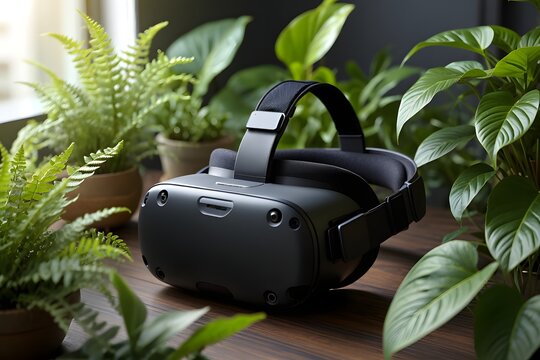 Virtual reality headset surrounded by green plants on a wooden surface indoors scene - Powered by Adobe
