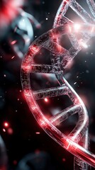 A vibrant DNA helix radiates with red light against a dark, swirling background of particles, symbolizing the beauty and complexity of life at the molecular level.