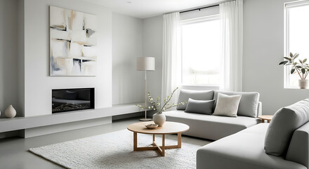 Minimalistic White Interior Living Room with Fireplace and Large Rug