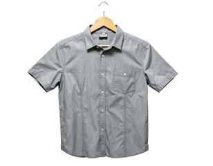 A grey, short-sleeved button-down shirt hangs on a wooden hanger