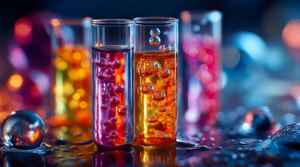 Vibrant test tubes bubble in a lab, showcasing creativity and the spirit of science, under gentle scientific light, highlighting colorful liquids and experimental setup, serene lab