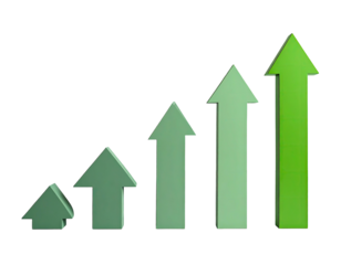 Green arrows grow upwards, indicating progression, on a black background