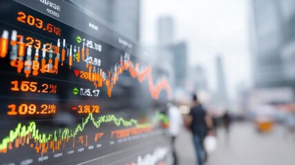 Market Data Display: The dynamic financial landscape unfolds before you, showcasing real-time stock market data on a sleek display. The figures dance against a backdrop of urban hustle and bustle. - Powered by Adobe