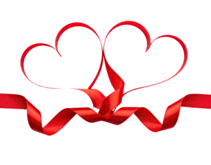 Two intertwined red heart shapes with ribbon, against a black background