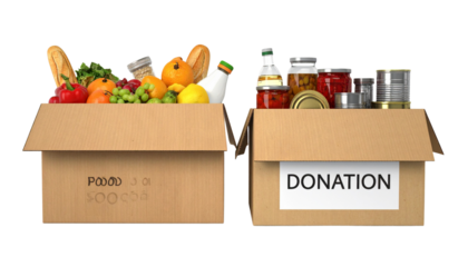 Two Unique Food Donation Box Collections for Community Support, Isolated on Transparent Background.