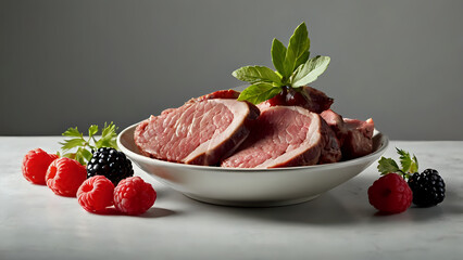 strawberries and cream, Fresh Cuts of Meat Displayed with Garnishes and Small Bowl of Berries white background