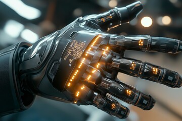 A sleek robotic hand extends forward, illuminated by vibrant lights, demonstrating cutting-edge engineering. The environment reflects a high-tech atmosphere, emphasizing innovation and creativity.
