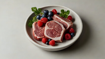 Fresh Cuts of Meat Displayed with Garnishes and Small Bowl of Berries white background