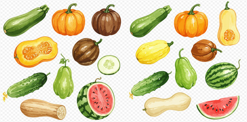 A colorful assortment of various fruits and vegetables, including pumpkins, zucchini, watermelon, and cucumbers.