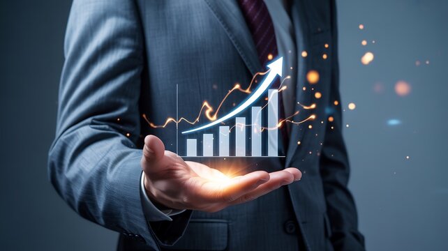 Businessman hand holding a glowing bar chart with upward arrow and sparks