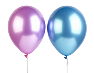 Two shiny, vibrant balloons ? one purple, one blue ? against a stark black backdrop