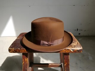 A brown hat sits atop a weathered wooden stool bathed in sunlight against a plain background setting the mood