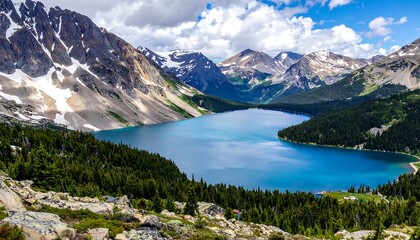 Mountain lake vista under a partly cloudy sky