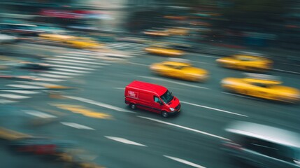 Obraz premium A red commercial van moves through blurred street traffic, with yellow cabs and streaks of motion blurring the scene