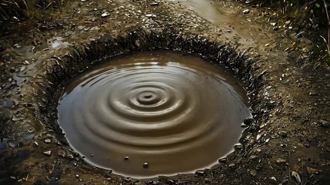 Puddle with ripples on a dirt path