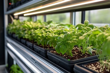 Rows of lush green basil and other herbs thrive in a high-tech indoor hydroponic garden, illuminated by bright artificial lights.