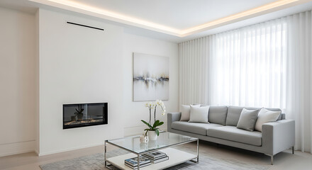 Minimalistic White Living Room with Built In Fireplace and Clean Aesthetic